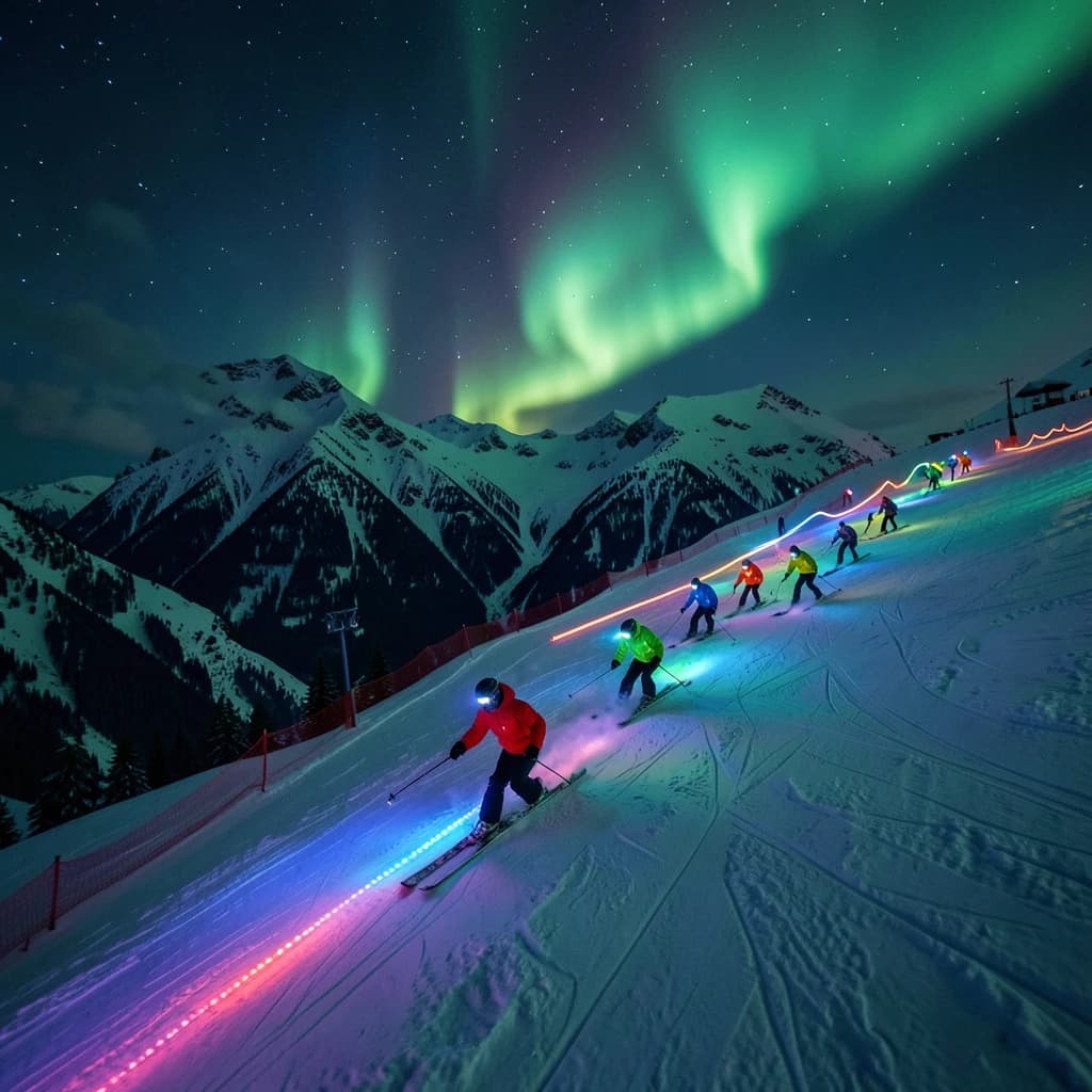 Coronet Peak Night Skiing: Skiers in colorful LED suits carve their way down the slopes of New Zealand's Coronet Peak under the Aurora Borealis, the skiers' light trails visible behind them