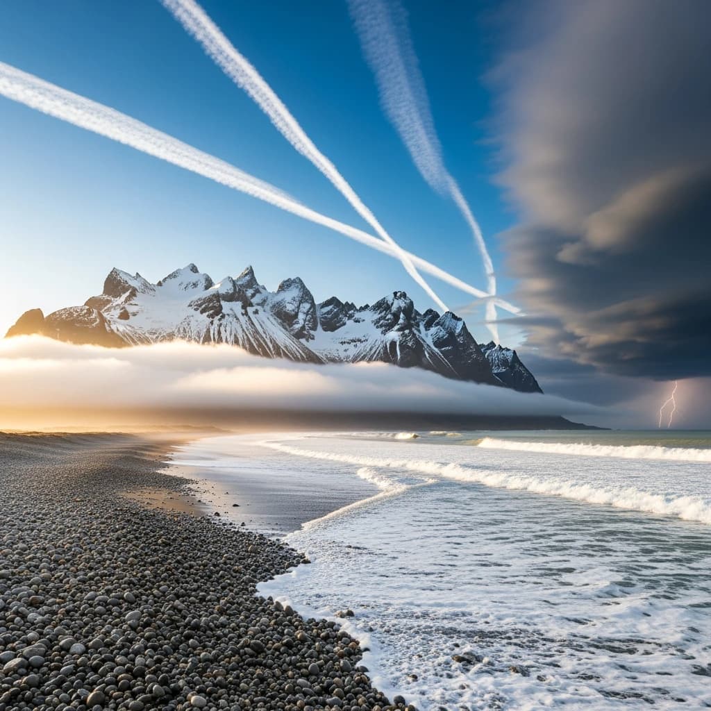 A stunning mountain vista pokes through the cloud top. Contrails from a distant airplane linger in the air. In the foreground there is a stony beach with foamy seas. A thunder storm is visibile in the distant right.