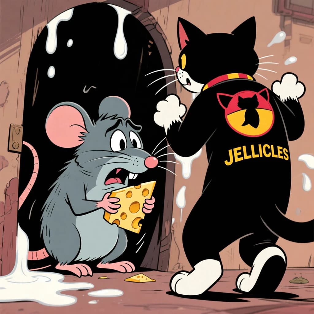 The cartoon rat clenches his thin wedge of cheese and trembles in fear as he hides from the menacing Jellicles, the roaming cat motorcycle gang, all wearing their colors with the name on the back. The cats have all drunk far too much milk and are causing a big ruckus! One cat is close to finding the rat