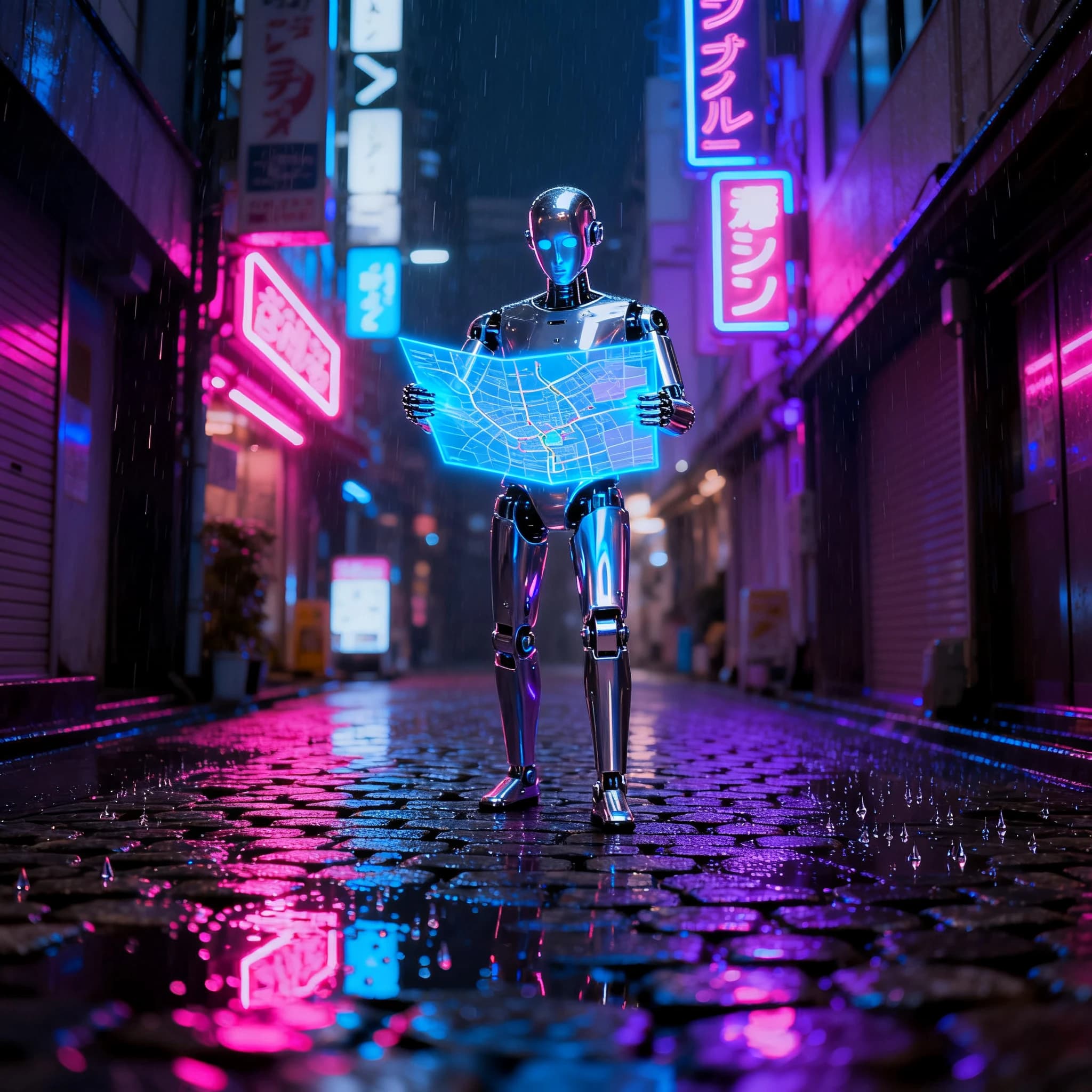 Neon-lit Tokyo alley, rain-slick cobblestones, a chrome android checks a map.