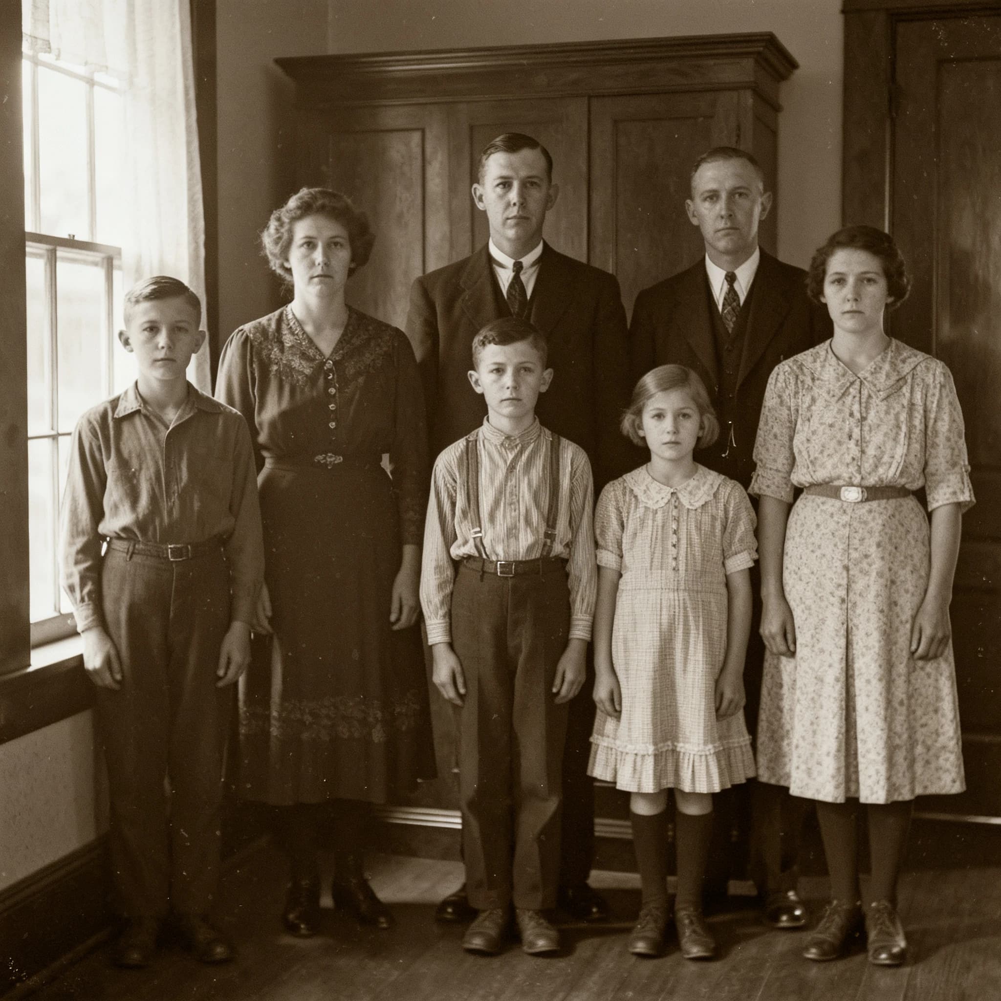 Everybody holds still and nobody smiles for the family portrait. It's 1928 in Kansas