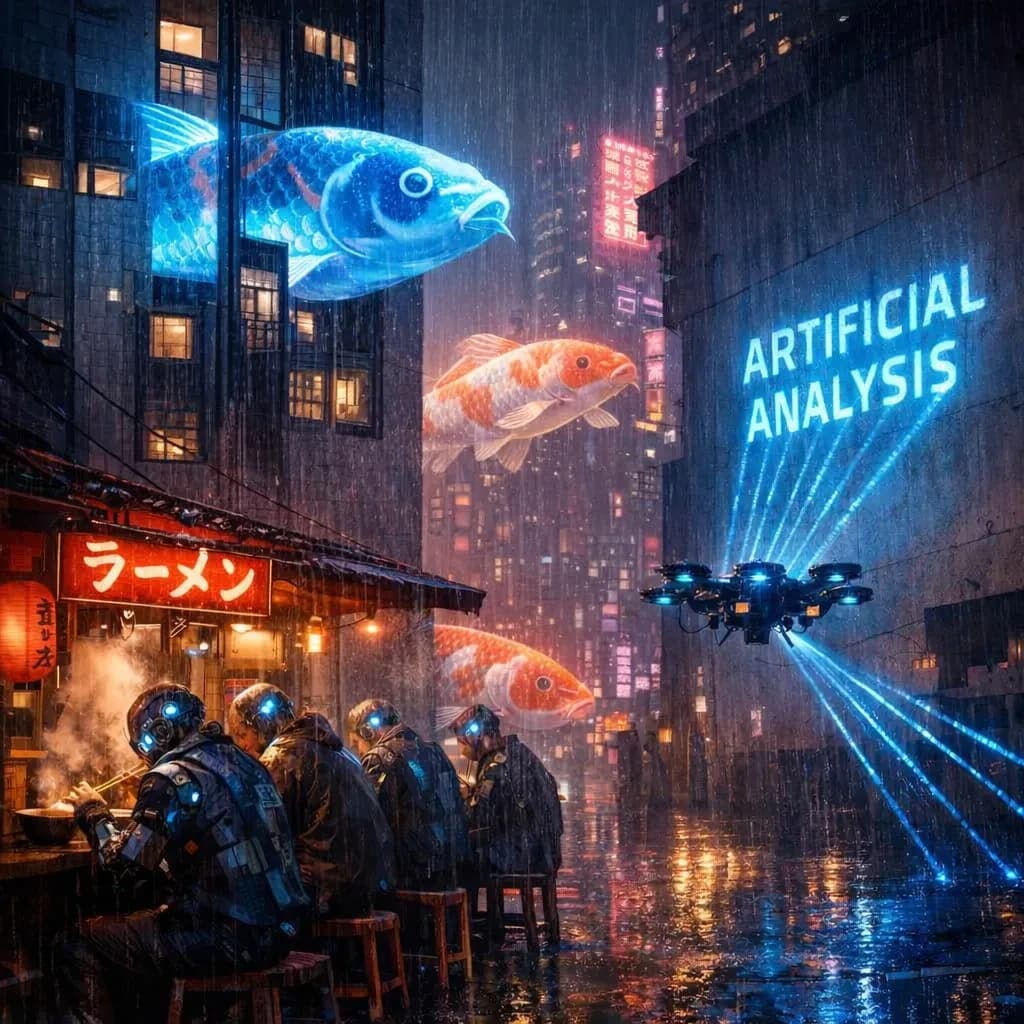 A neon alley in Neo-Tokyo 2142 drips with rain Cybernetic patrons slurp ramen at a stall with their glowing implants humming with blue light. Three giant holographic koi hover 10 metres above the ground and swim across the skyline, one has clipped into a building. A six-prop drone hovers nearby, projecting "Artificial Analysis" onto a wall with blue laser beams visible