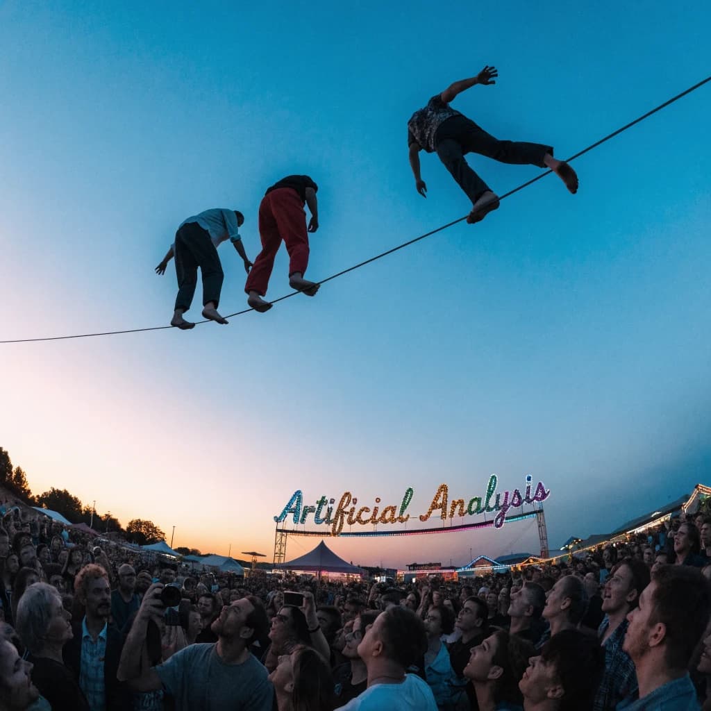 At dusk, high above a carnival crowd, three tightrope walkers balance on a single rope with no aids, one is off balance and grabbing at air. Below, the audience looks upward with baited anticipation. Artificial Analysis is spelled out in the background in carnival lights