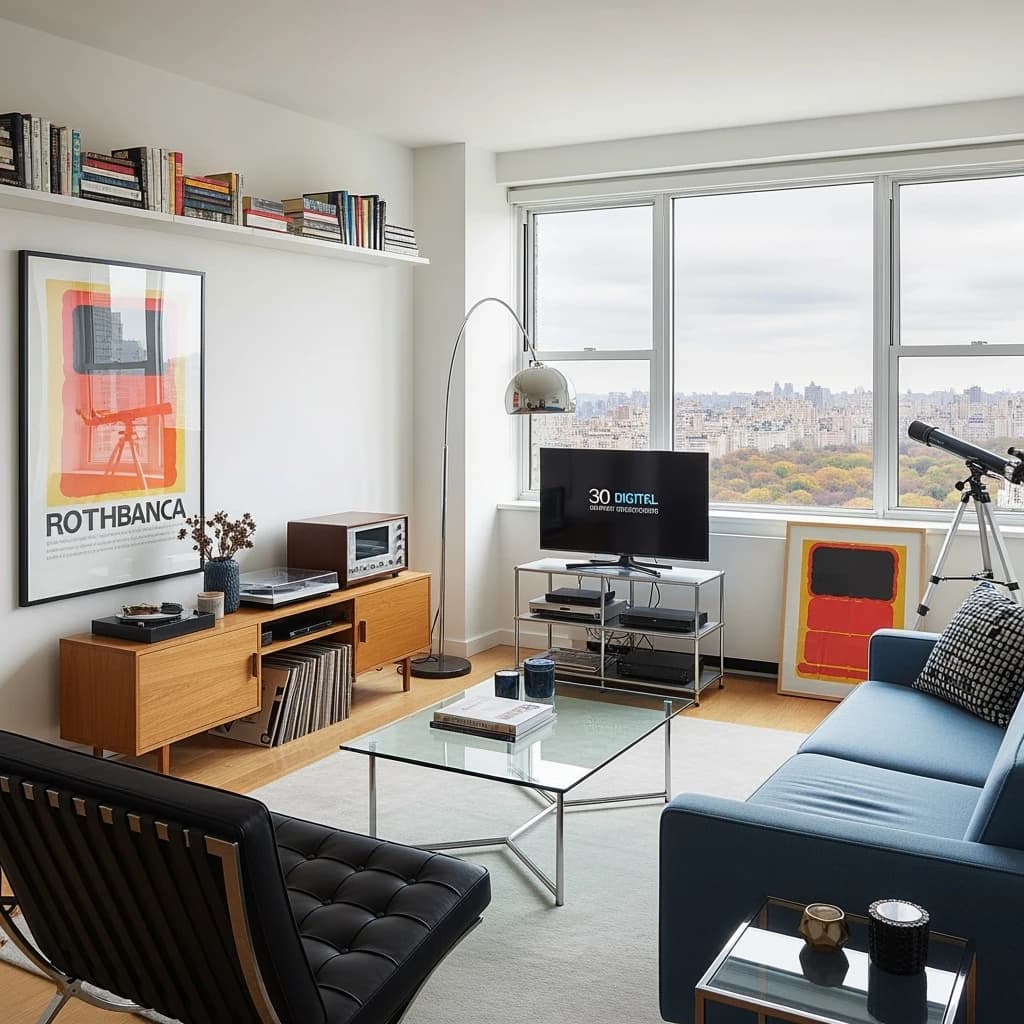 My apartment overlooks Central Park. It’s very luxurious, very expensive, and the furniture is minimal — a black leather couch, a glass coffee table with chrome legs, an Arne Jacobsen floor lamp. A big-screen television set rests on a steel shelving unit. A David Onica painting hangs above the couch. There’s a stainless steel and glass cocktail table. A powder-blue sofa. A thirty-inch digital TV.