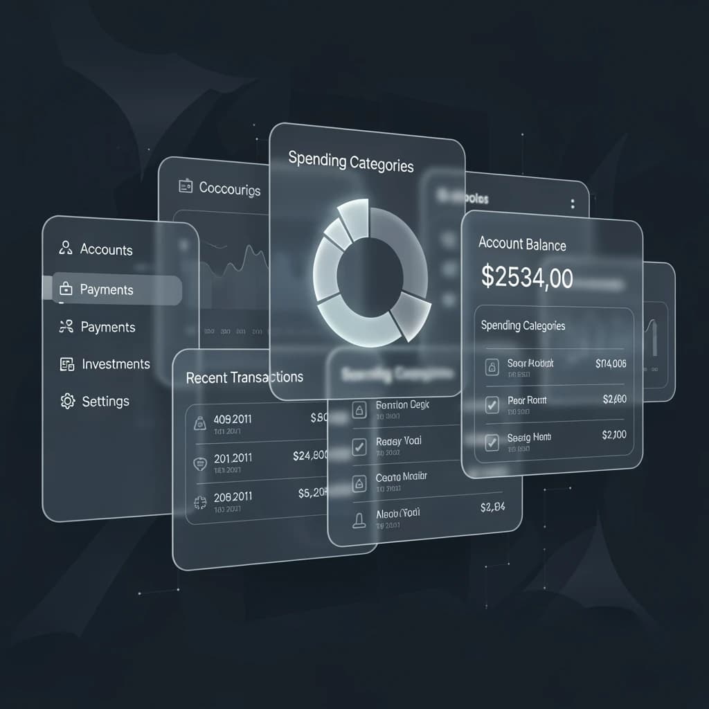 Dark mode banking dashboard with glassmorphism.