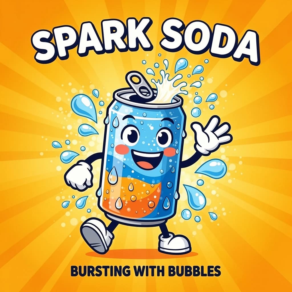 Design a bright soda billboard ad with a bubbly can mascot, thick inky lines.