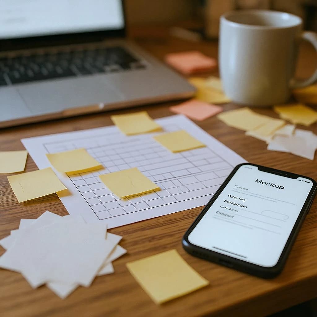 Close-up photo shows a messy desk, wireframes, sticky notes, mobile mockup, mug.