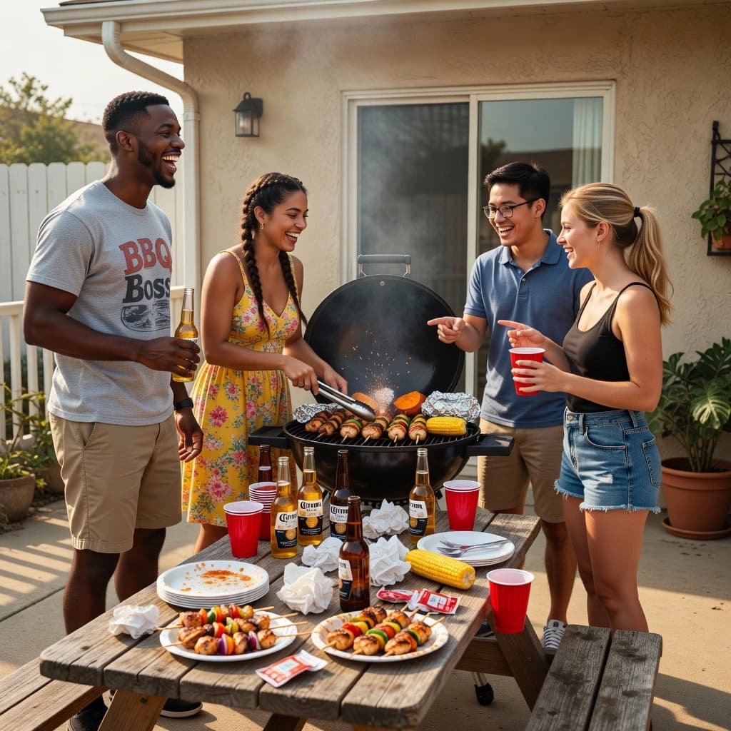 Friends grill skewers on a slightly messy patio.