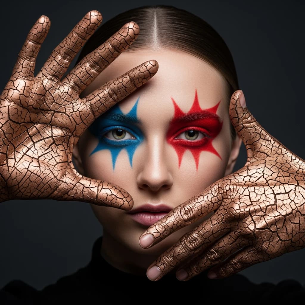 A striking close-up portrait of a woman with cracked metallic copper-painted hands framing her face. Her vivid blue and red eye makeup contrasts sharply with the smooth, pale skin and muted background, creating a bold, surreal composition. She displays an air of uncertainty about her