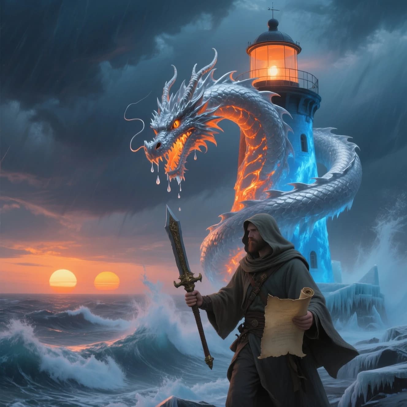 A dragon of molten silver coils around a lighthouse. The storming sea below crashes upward in frozen stillness, as though caught mid-motion. The dragon’s molten eyes drip tears of ice. On the horizon, two suns set next to each other, casting orange light on one side of the tower and blue on the other. A cloaked traveler carries an ancient weapon in his left hand and a scroll in his right.