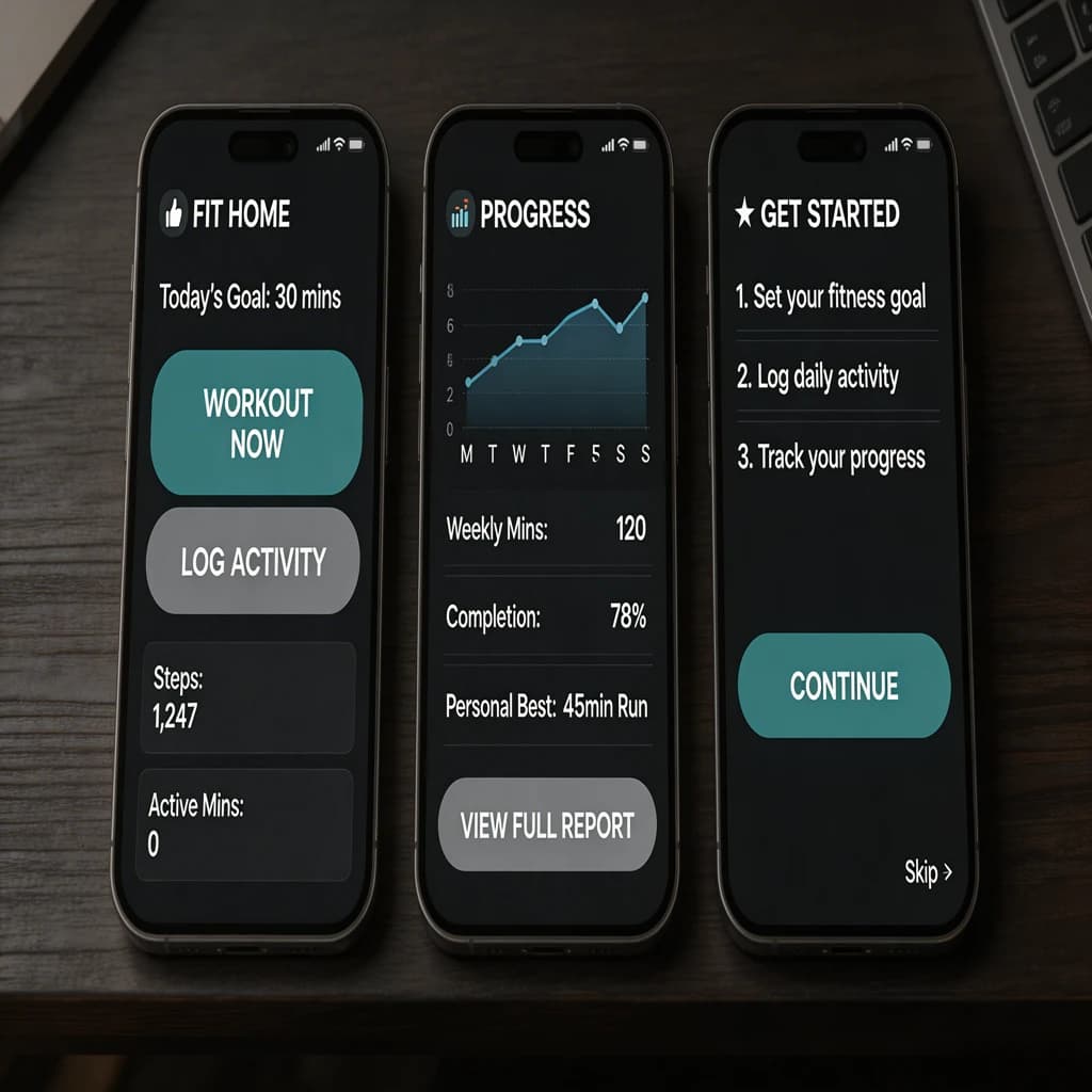 Sleek mobile fitness app screens on a desk: dark mode home, progress dashboard, simple onboarding, clear 8 pt grid, slightly oversized buttons for thumb reach, muted colors.