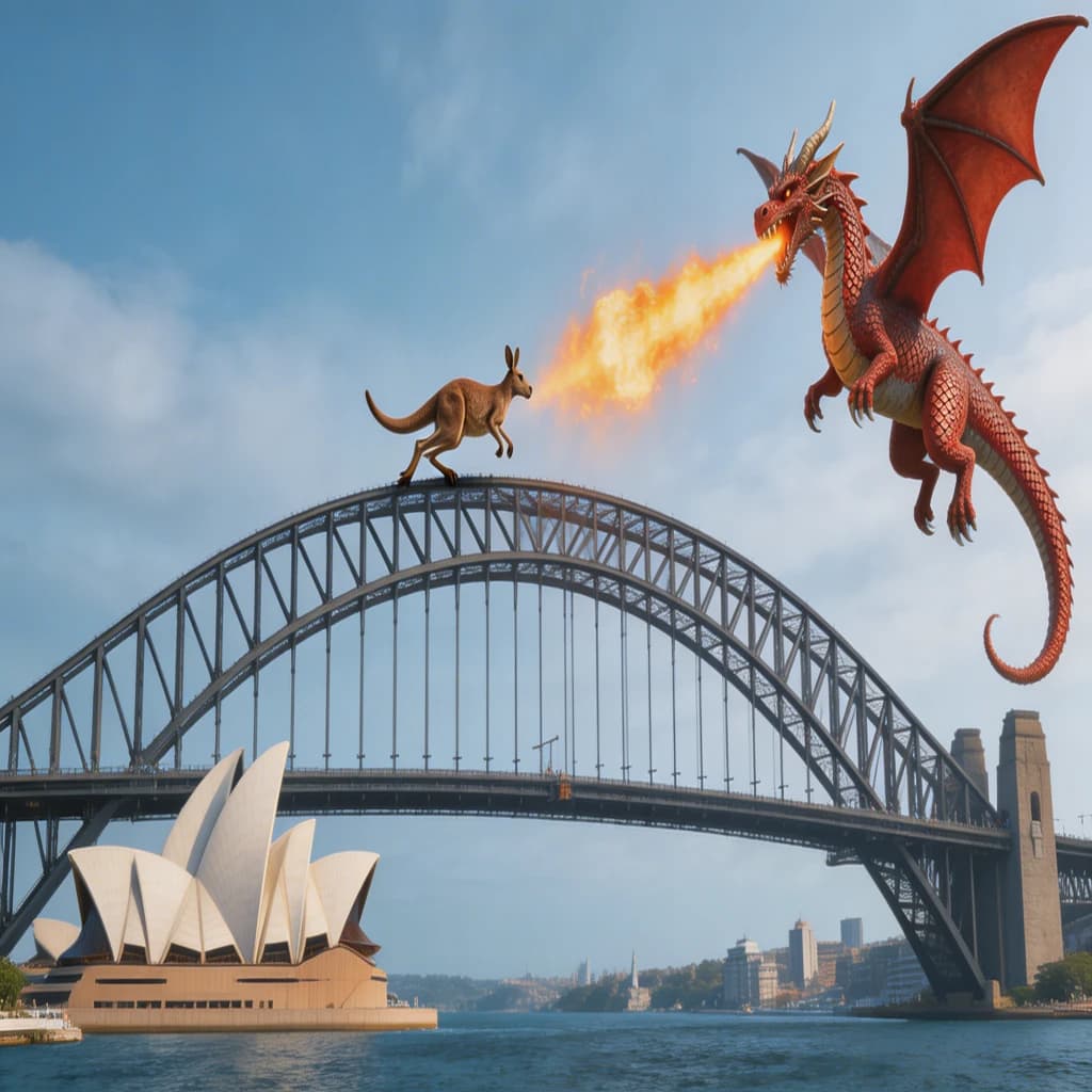 A dragon breathes fire at a kangaroo that is running away by climbing over the top of the Sydney Harbour Bridge. Opera House visible in the background.