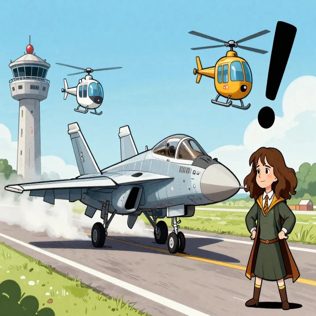 Almost at the runway, Fred the Fighter Jet is racing with Barry the Bomber to see who lands first. Fred has a mischievous trick up his sleeve but Hermione the Helicopter is going to stop him before he gets the chance. The control tower is very angry and has a big exclamation mark. Hand drawn cel look