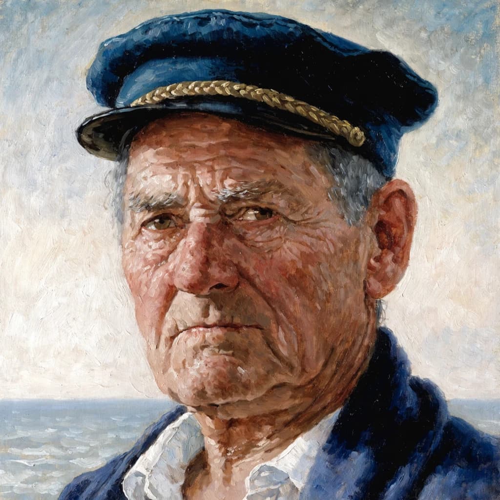Oil on canvas portrait of an elderly sailor, weathered face, soft light.