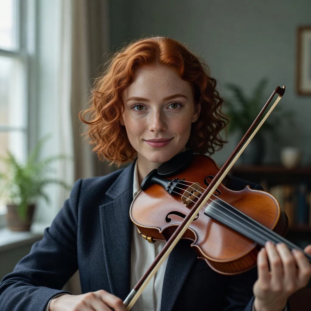 Capture a head-and-shoulders portrait of a freckled red-haired violinist in a navy blazer, soft window light, 85mm at f/1.8, gently smiling yet serious eyes, muted tones.