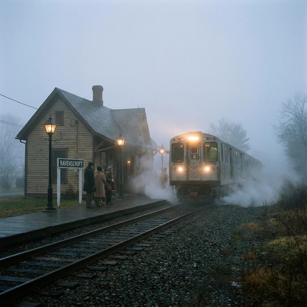 A commuter train enters a foggy little station.