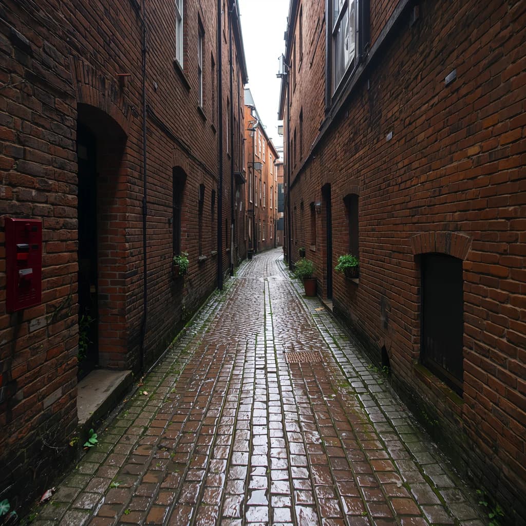 Show a narrow brick alley with wet cobblestones.