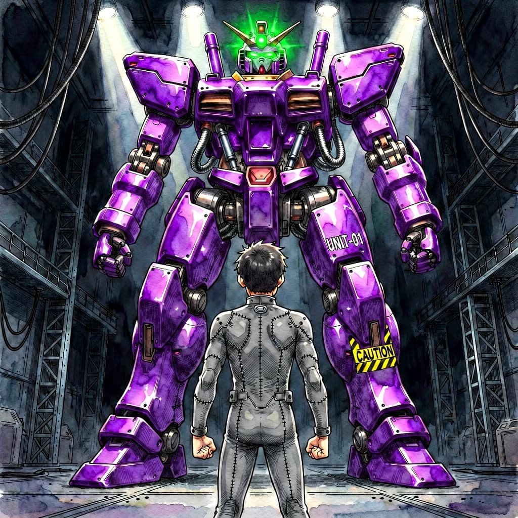 Clad in his body suit up to the neck, young Masa nervously approaches the towering mech with his back facing us. He is nervous for his first time in the field. The mech's bright purple colour scheme contrasts with the grey body suit. The scale of the mech dwarfs Masa. Hand drawn style