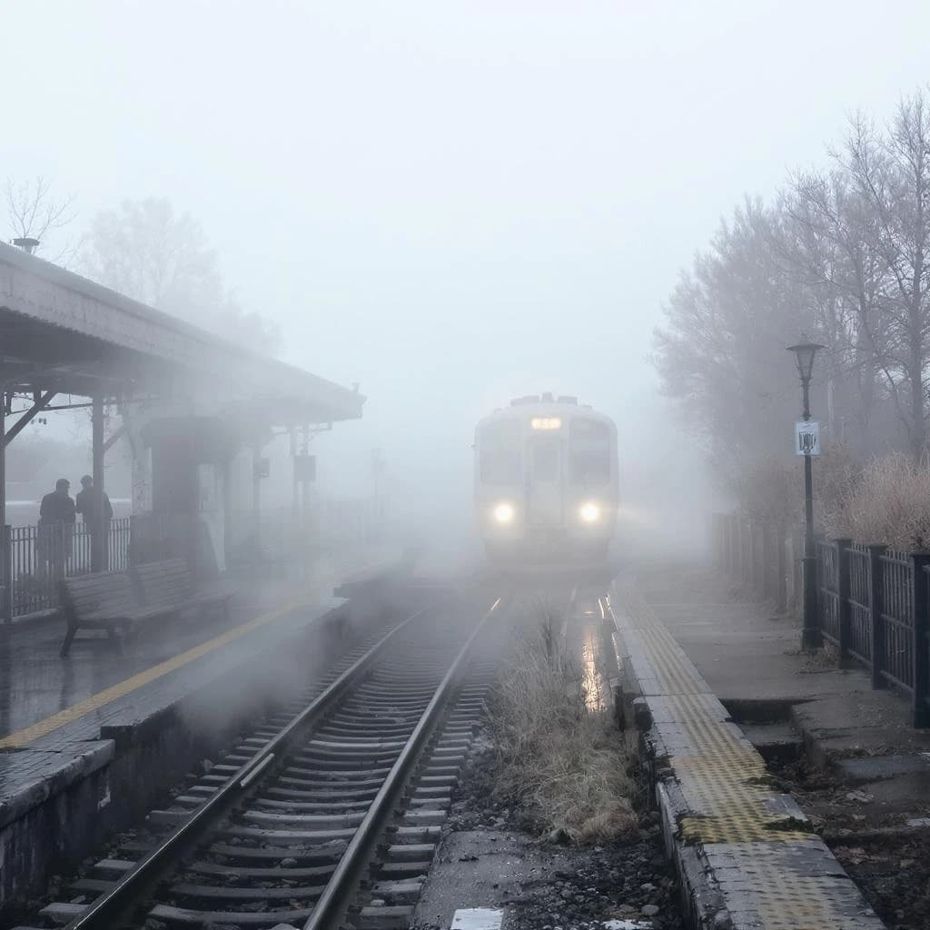 A commuter train enters a foggy little station.