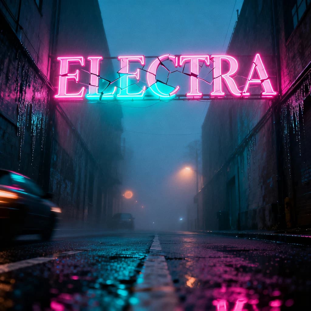 Neon serif letters flicker in a foggy alley, wet asphalt glowing a bit.