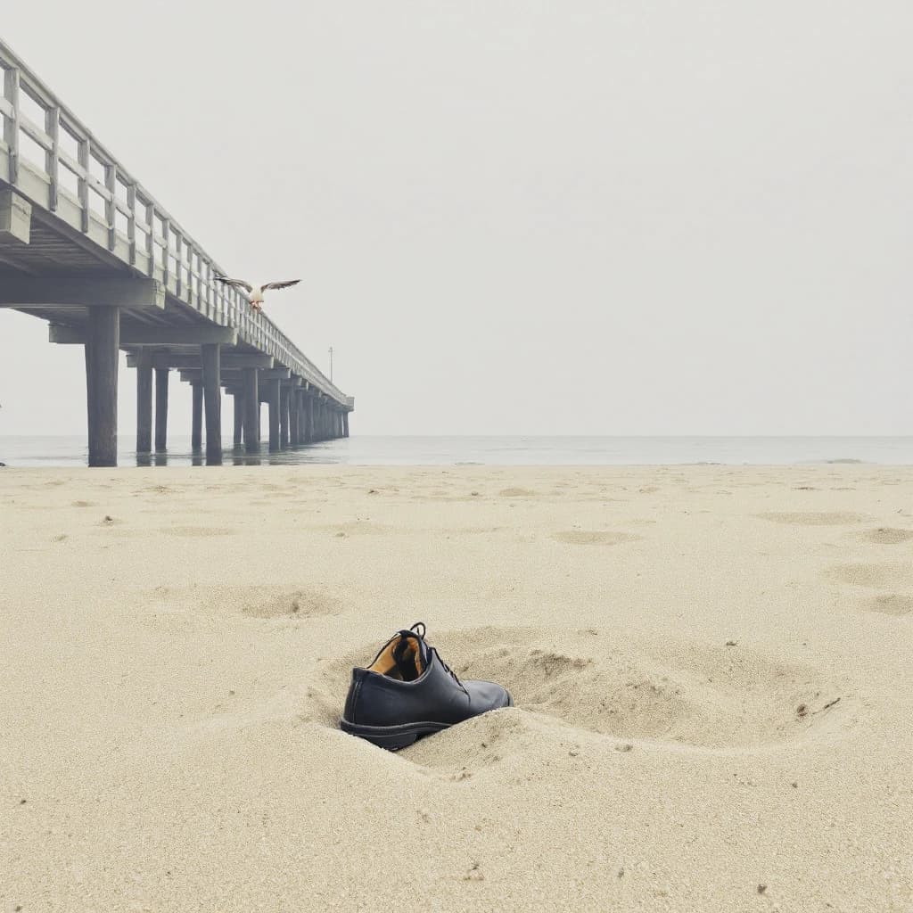 The beach is flat, sand beige, granular, no shells, except for a single left shoe, black leather, size eleven, half buried at an angle. The pier extends straight into the water, wood untreated, grain visible, though the support posts vanish before they touch the surface. The sky is uniformly gray, no clouds, yet shadows stretch at sharp diagonals. A single gull sits on the railing, wings outstretched, frozen mid-flap, no movement.