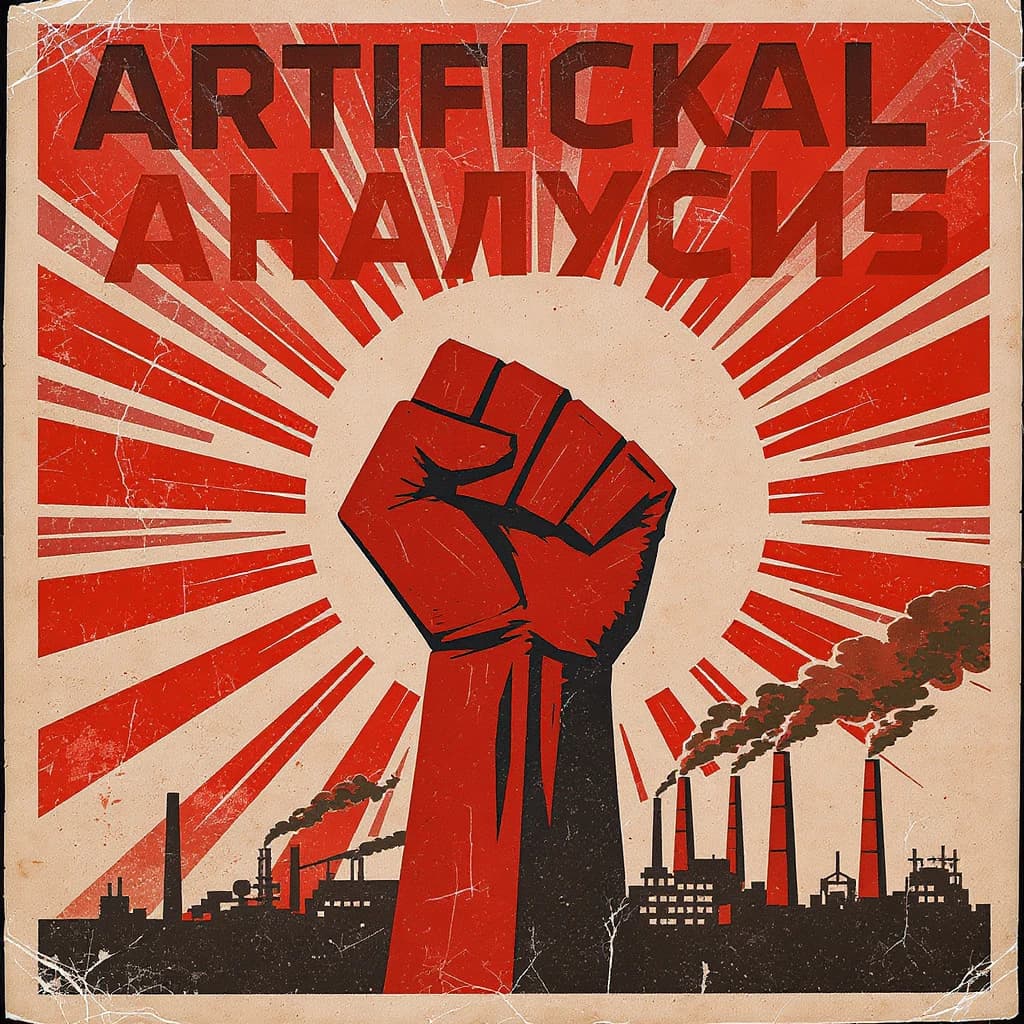 A propaganda poster in stark red, black, and beige. A clenched fist rises in the foreground, rendered with sharp geometric blocks. Behind it, radiating lines stretch upward toward a stylized sun. At the top, bold sans-serif lettering in Cyrillic-inspired type spells out Artificial Analysis, tilted at an angle for emphasis. A factory skyline silhouettes the bottom edge, smoke stacks rising into the background. The texture is rough, printed on aged paper with visible creases and ink bleed. Designed in the constructivist Soviet poster style.