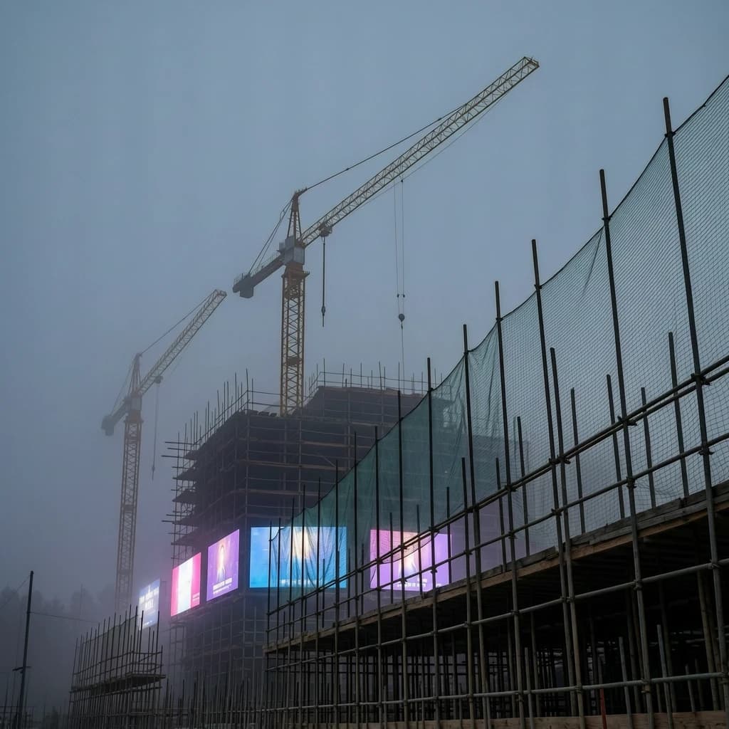 A construction site stretched upward into fog, cranes frozen in silhouette. Wind rattled scaffolding draped with torn mesh that glowed faintly from nearby billboards