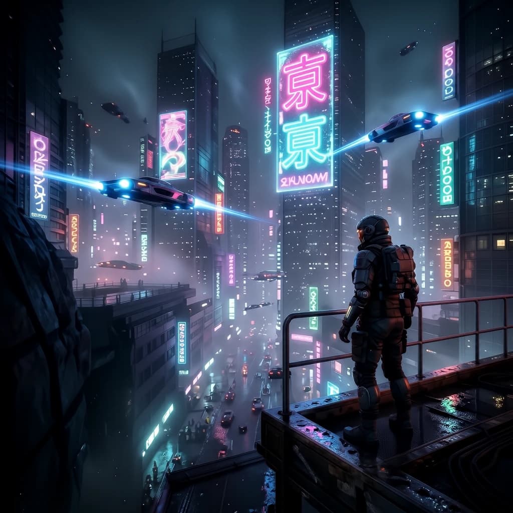 Rain-soaked neon megacity at night, flying taxis weave between glass towers, giant holograms flicker; a lone courier in a matte exosuit, somewhat cinematic wide angle.