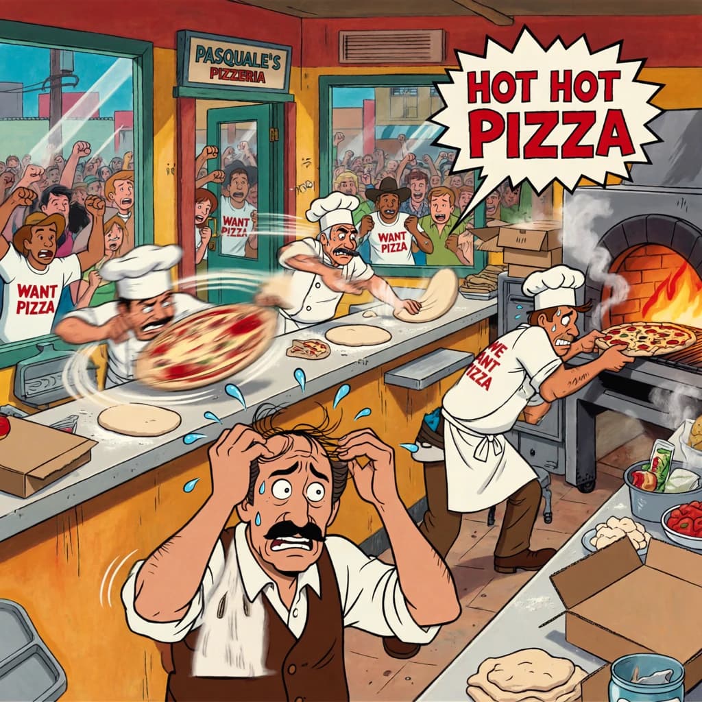 Pasquale is pulling his few remaining hairs out over a disaster at the pizzeria - the cooks are working as fast as they can but the crowds outside are swelling and they demand hot hot pizza! They are banging on the glass and some are wearing "we want pizza" shirts. 1980s western TV animation style.