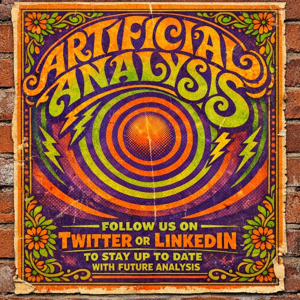 A portrait layout psychedelic concert poster from 1972 bathed in saturated oranges, deep purples, and acid greens. Swirling, hand-drawn typography arcs across the top, spelling out Artificial Analysis in bold, distorted letters that melt into spirals. Surrounded by radiating concentric circles and lightning-bolt motifs. The background is textured with halftone dots and faded paper creases, evoking a well-worn poster taped to a brick wall. Ornate floral borders frame the design, while the bottom features blocky retro lettering listing “Follow us on Twitter or LinkedIn to stay up to date with future analysis” in smaller text. 