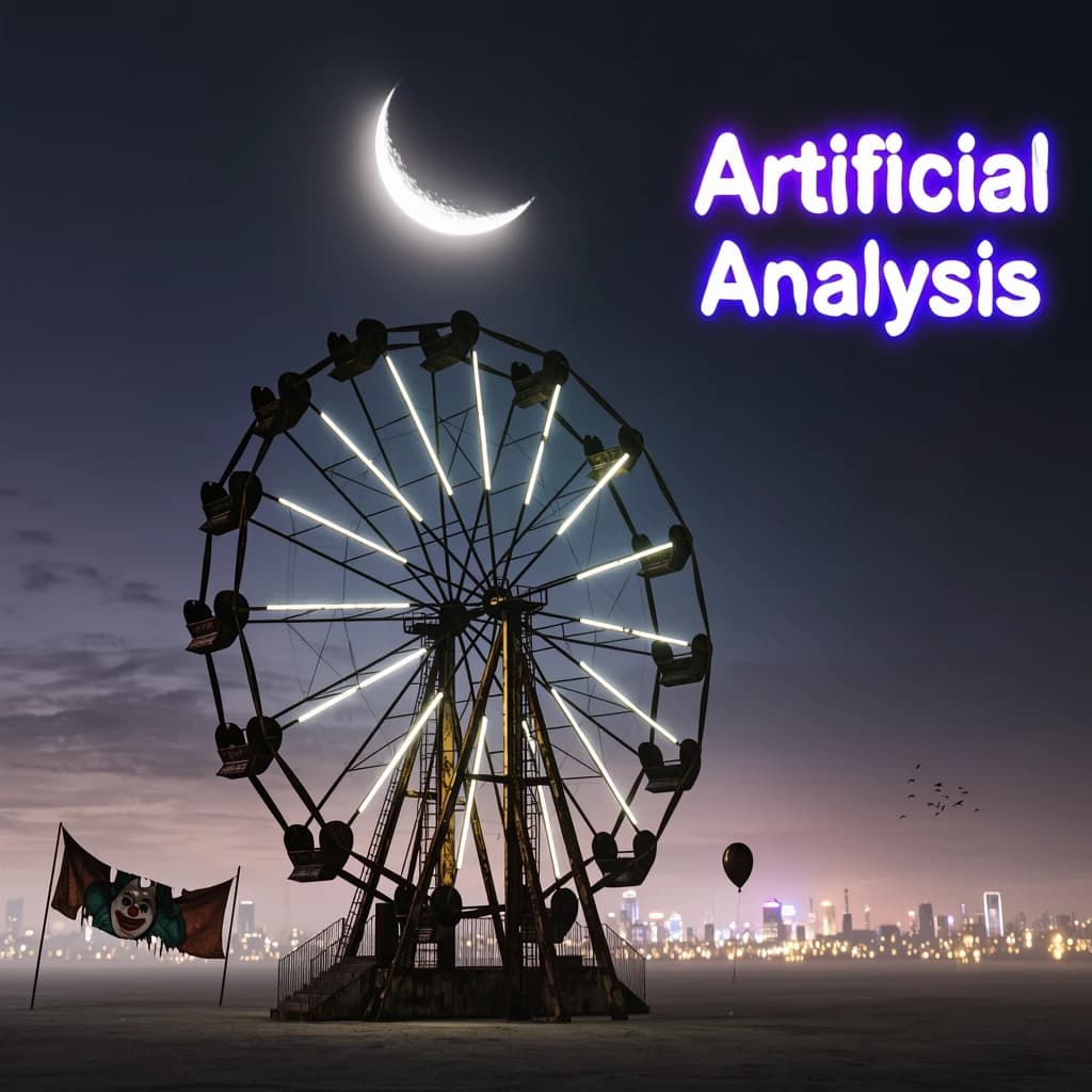 A deserted amusement park glows faintly under a half-moon. The ferris wheel is rusting yet strung with fresh, blinking LED lights. A torn clown banner flaps in a windless air. A lone balloon floats upward, tethered to nothing, while in the far distance city lights flicker on - some neon, some gas lamps as though from another century. 'Artificial Analysis' glows in neon