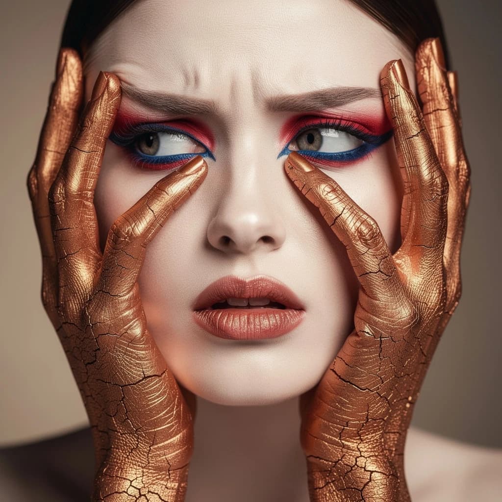 A striking close-up portrait of a woman with cracked metallic copper-painted hands framing her face. Her vivid blue and red eye makeup contrasts sharply with the smooth, pale skin and muted background, creating a bold, surreal composition. She displays an air of uncertainty about her