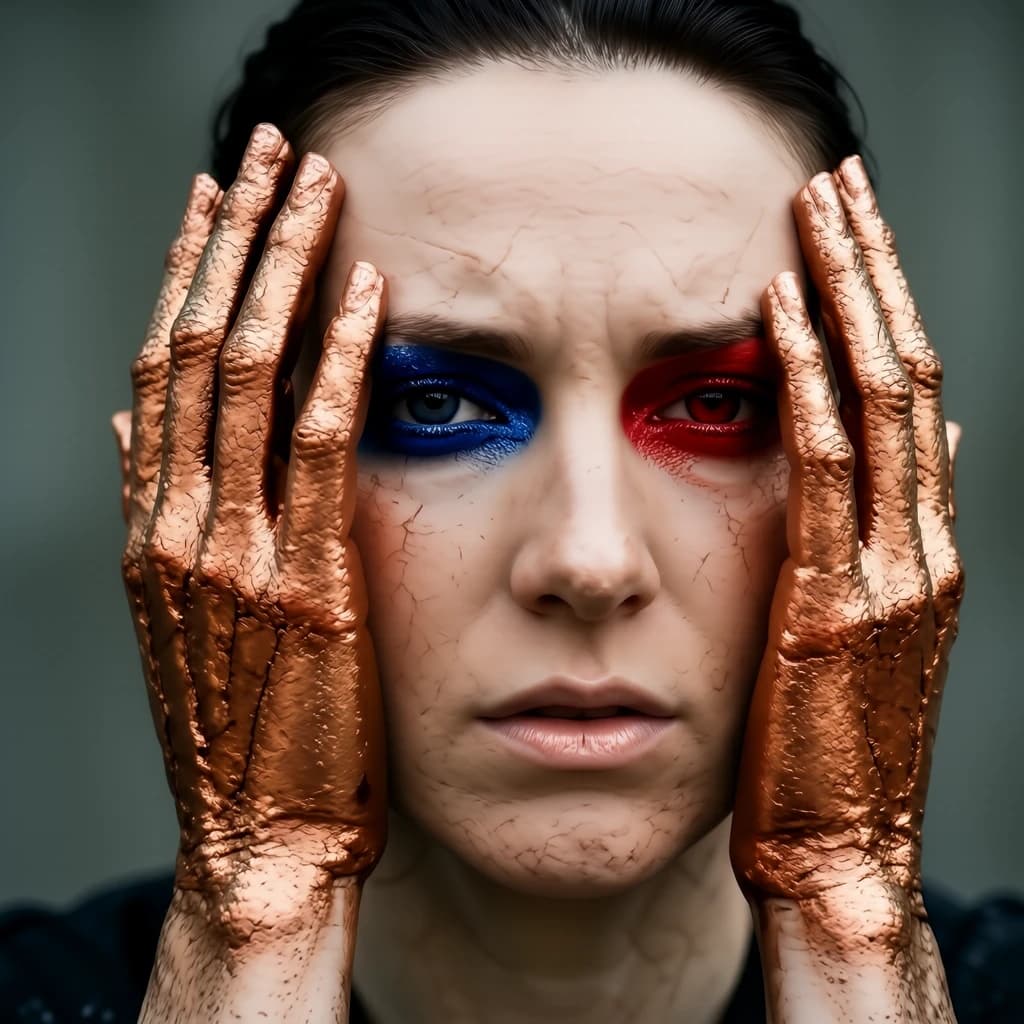 A striking close-up portrait of a woman with cracked metallic copper-painted hands framing her face. Her vivid blue and red eye makeup contrasts sharply with the smooth, pale skin and muted background, creating a bold, surreal composition. She displays an air of uncertainty about her
