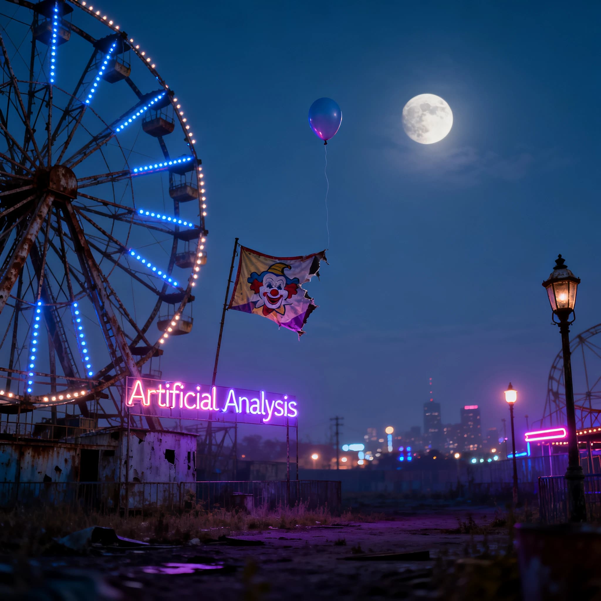 A deserted amusement park glows faintly under a half-moon. The ferris wheel is rusting yet strung with fresh, blinking LED lights. A torn clown banner flaps in a windless air. A lone balloon floats upward, tethered to nothing, while in the far distance city lights flicker on - some neon, some gas lamps as though from another century. 'Artificial Analysis' glows in neon