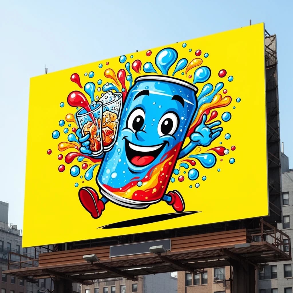 Design a bright soda billboard ad with a bubbly can mascot, thick inky lines.