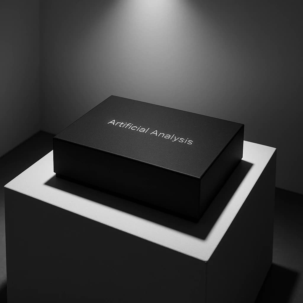 A premium matte black laptop-sized box rests on a pure white pedestal within a gallery space. Overhead, a single spotlight carves sharp contrast, leaving the edges in deep shadow. The brand name Artificial Analysis is embossed in silver foil, glinting faintly as though it were jewelry.