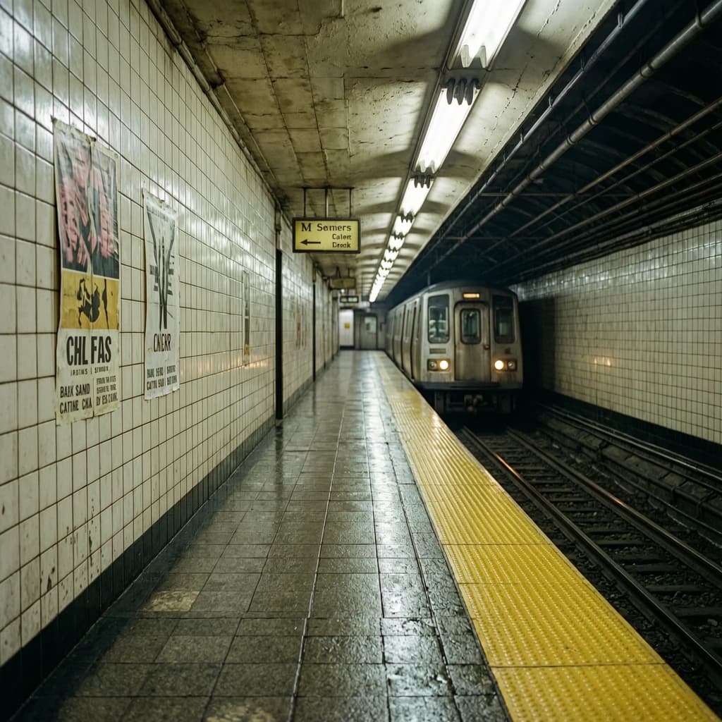A subterranean subway platform with glossy tiles, peeling posters, flickering fluorescent lights, yellow safety line, and a distant train coming; slightly damp, echoes carry.
