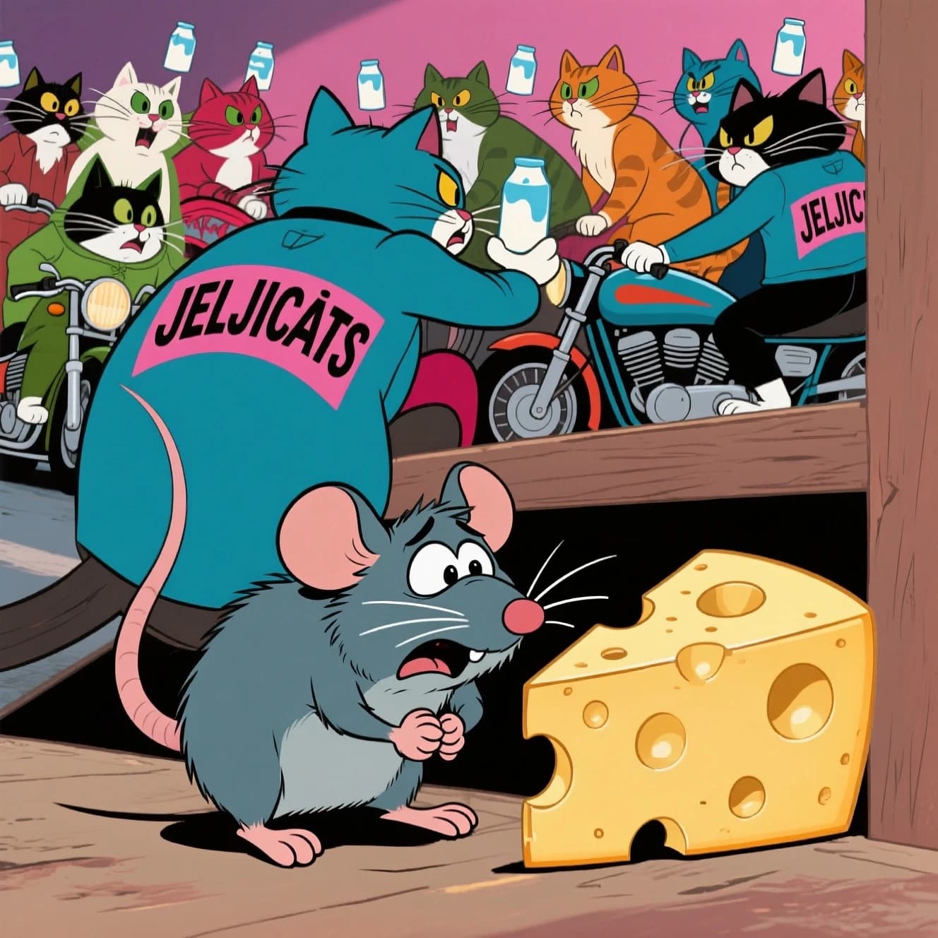 The cartoon rat clenches his thin wedge of cheese and trembles in fear as he hides from the menacing Jellicles, the roaming cat motorcycle gang, all wearing their colors with the name on the back. The cats have all drunk far too much milk and are causing a big ruckus! One cat is close to finding the rat