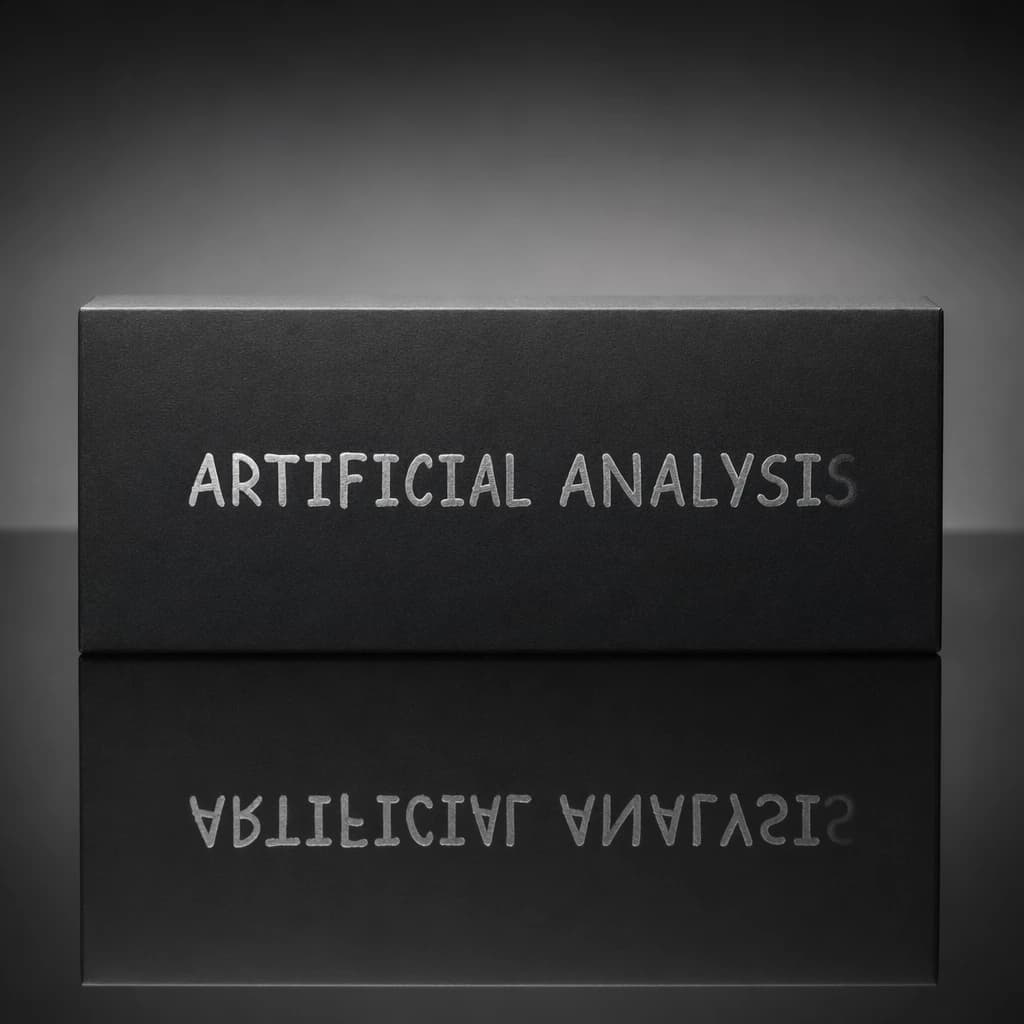 On the black box, silver foil embossing, centered: "Artificial Analysis" in Comic Sans Small Caps, perfectly justified. The letters are crisp, but the “Y” is duplicated faintly, ghosting right. On the box’s reflection, the word order is inverted: ARTIFICIAL ANALYSIS.