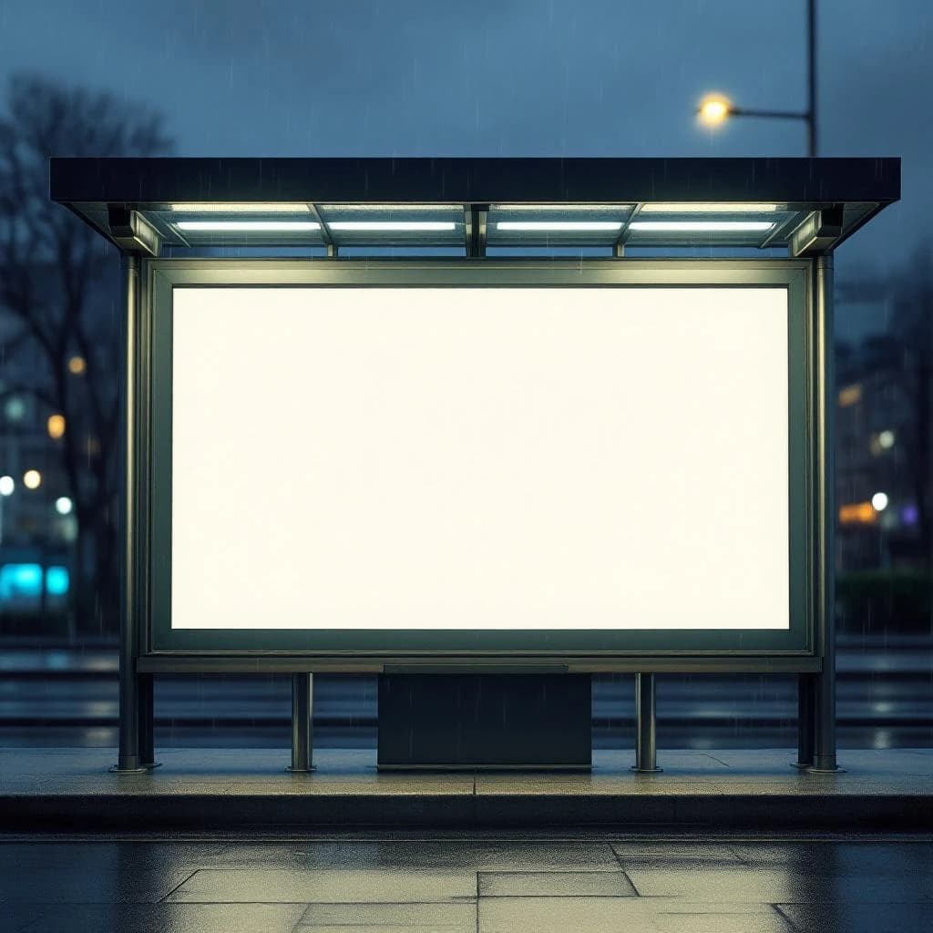 Show a billboard mockup at dusk: glass bus stop shelter, glowing lightbox, blank ad panel, city blur, raindrops, space for copy, looks premium but a bit gritty.