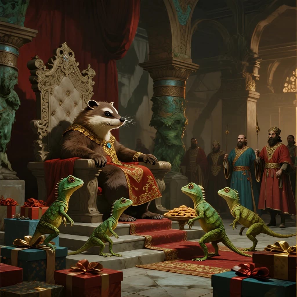 Big Weasel, the tyrannical ruler of the Levitus, slouches on his throne, his mood foul but somewhat brightened by the sight of gifts - a wearisome group of lizard traders adorned in fine silks proceed toward him through the hall with their annual tribute of biscuits, ham and gold - Big Weasel's favourites. Big Weasel's entourage looks on with stern approval.