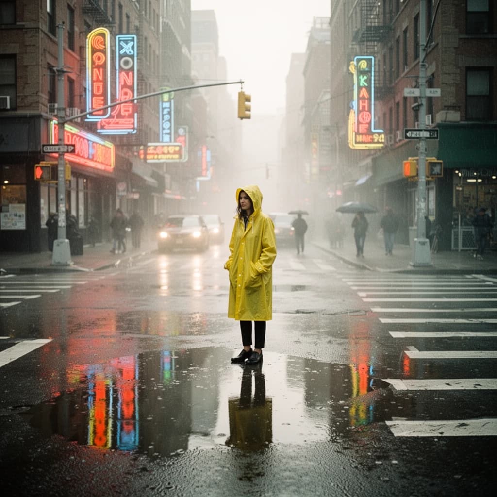 A sunlit city street after rain; puddles mirror neon signs as a woman in a yellow raincoat waits at a crosswalk, soft mist, 50mm look, natural tones, a bit of film grain.