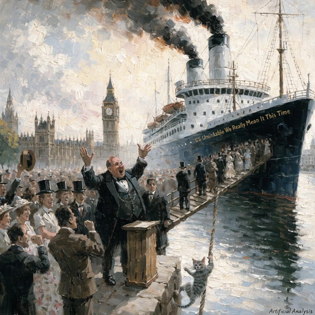 An impressionistic painting of the mighty steamer the "SS Unsinkable We Really Mean It This Time" on a cloudy but bright London morning about to set out on her maiden voyage. A jubilant crowd is gathered on the dock around the paunchy mayor who is making a speech, gesticulating wildly with his hands. The gangways are busy with well heeled ladies and gentlemen making their way onto the ship. A cheeky cat hangs over the water, clinging to the mooring rope after an ill-fated attempt to climb up. The artist has signed his name "Artificial Analysis" in the bottom corner
