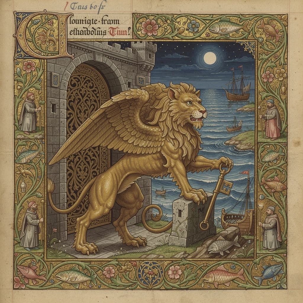 Paint an illuminated manuscript scene of a winged lion guarding a sea gate.