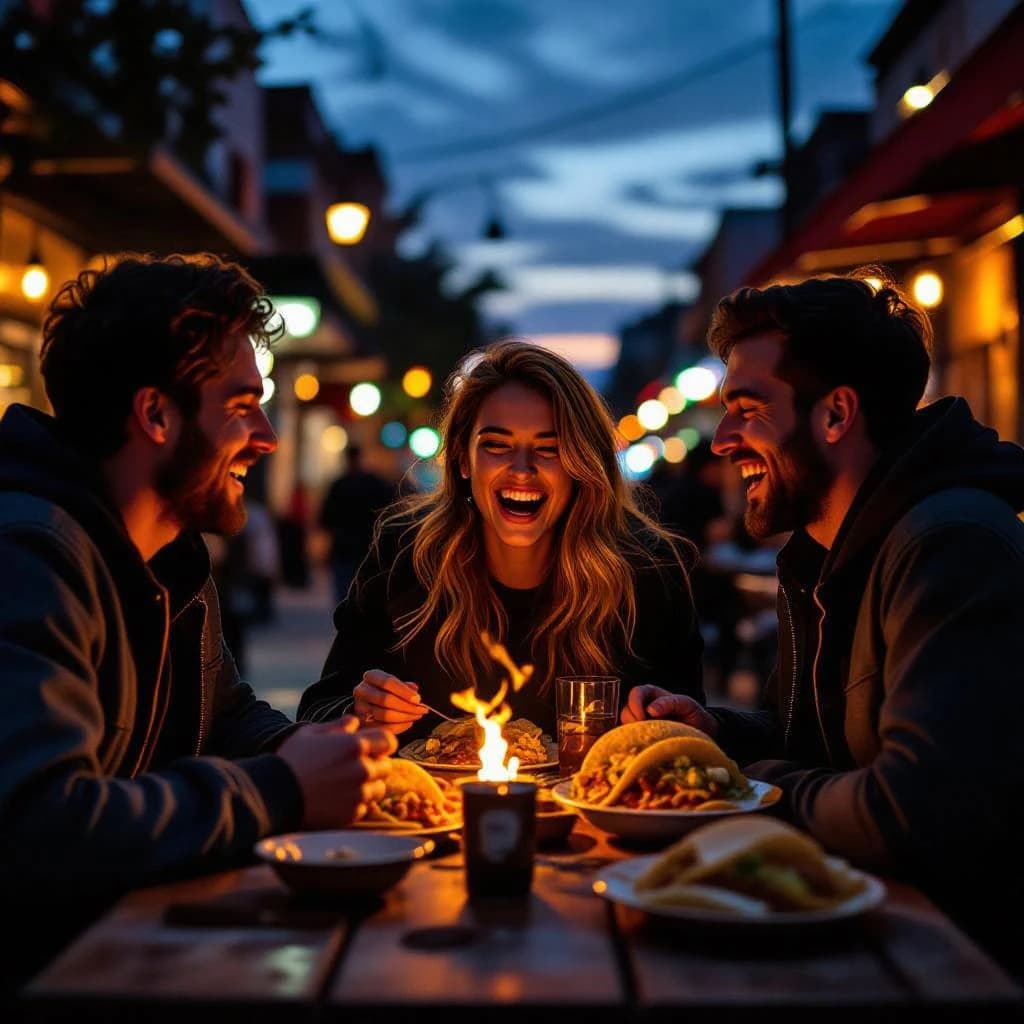 Friends laugh over street tacos at dusk, candid, shallow depth.
