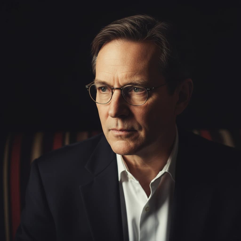 A sharply lit portrait of a middle-aged man wearing thin-rimmed glasses and a dark jacket over a white collared shirt. He gazes intently to the side, his face half illuminated by warm light while the background recedes into deep shadow. The expression is thoughtful, almost wary, as if caught mid-conversation. Behind him, a striped cushion in muted reds and blacks adds subtle texture, contrasting with the crisp highlights on his forehead and glasses. The overall mood is contemplative and cinematic, balancing warmth with tension.