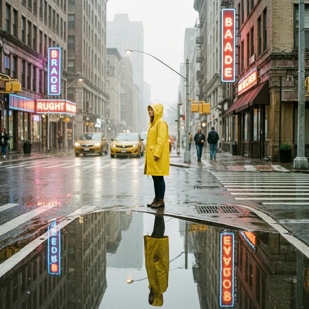 A sunlit city street after rain; puddles mirror neon signs as a woman in a yellow raincoat waits at a crosswalk, soft mist, 50mm look, natural tones, a bit of film grain.