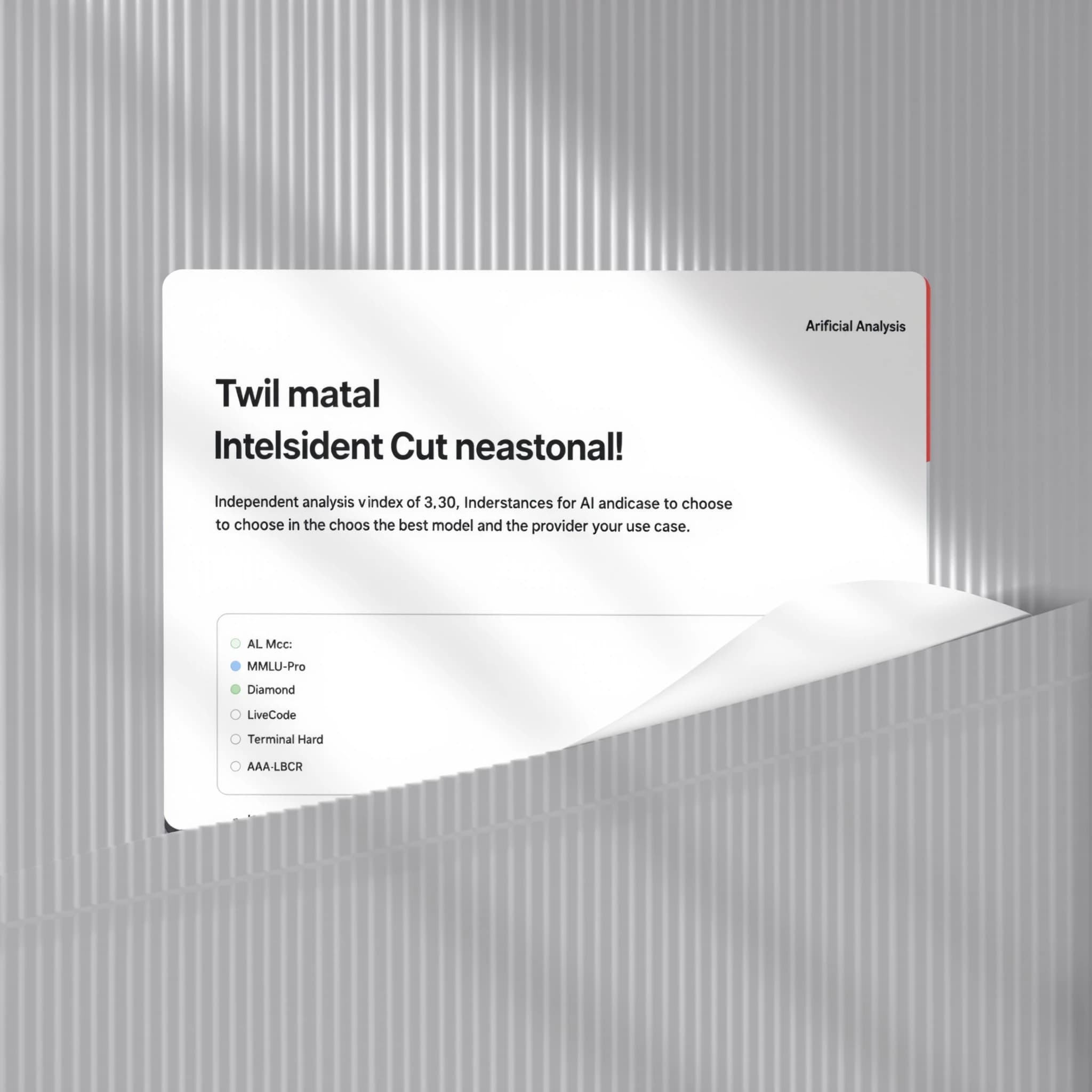 On a white dashboard with thin gray dividers, place a centered header in Helvetica Neue Bold, 20pt: “Independent analysis of AI - Understand the AI landscape to choose the best model and provider for your use case.” Directly beneath, a subheader in smaller Regular weight, 14pt: “Artificial Analysis Intelligence Index v3.0 incorporates 10 evaluations: MMLU-Pro, GPQA Diamond, Humanity's Last Exam, LiveCodeBench, SciCode, AIME 2025, IFBench, AA-LCR, Terminal-Bench Hard, 𝜏²-Bench Telecom.” The header is fully justified but the subheader is left-aligned. In the upper right corner, the Artificial Analysis logo appears watermarked, diagonal, faint gray, partially overlapping the scrollbar.