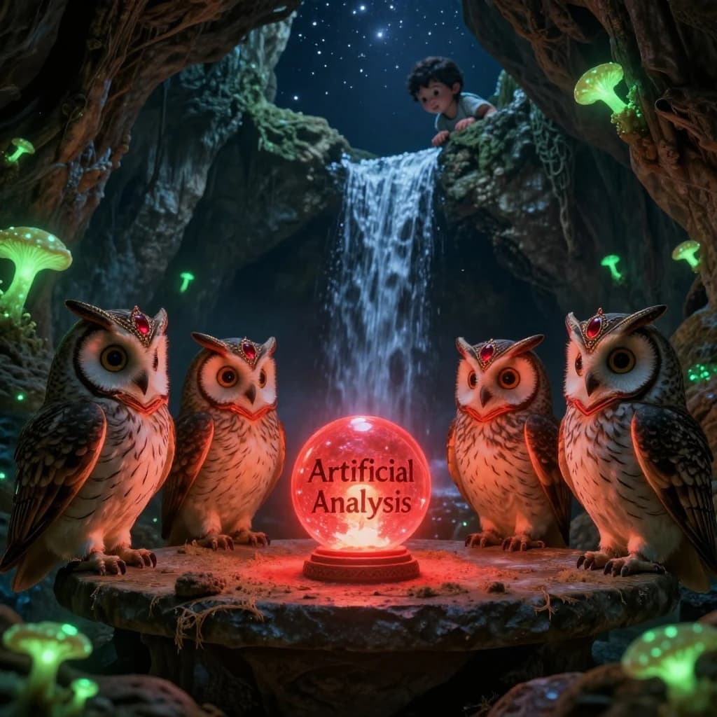 In a cavern lined with bioluminescent fungi glowing lime green, the council of owls wear jeweled crowns that glimmer with rubies, their wings folded behind their backs. Dust coats the stone table, a glowing orb inscribed with “Artificial Analysis” hovers above the table illuminating the owls with its red pulsating light. Behind them, a waterfall falls upward into a ceiling that opens onto stars - a child looks down in wonder from above at what he has stumbled across.