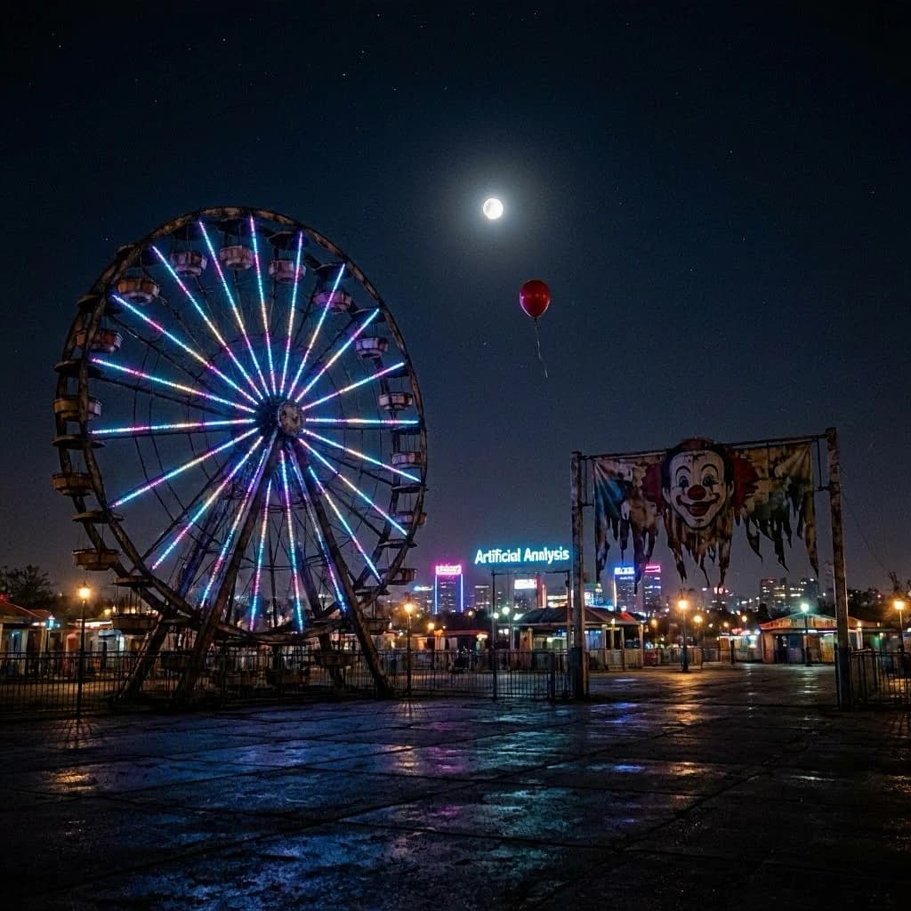 A deserted amusement park glows faintly under a half-moon. The ferris wheel is rusting yet strung with fresh, blinking LED lights. A torn clown banner flaps in a windless air. A lone balloon floats upward, tethered to nothing, while in the far distance city lights flicker on - some neon, some gas lamps as though from another century. 'Artificial Analysis' glows in neon